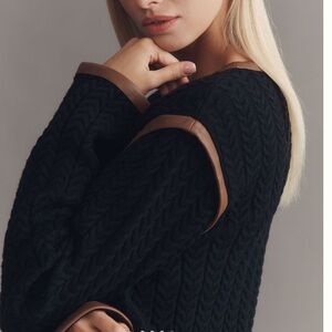 Anthropologie Long-Sleeve Sweater Faux-Leather Trim Cardigan NEW Black Large